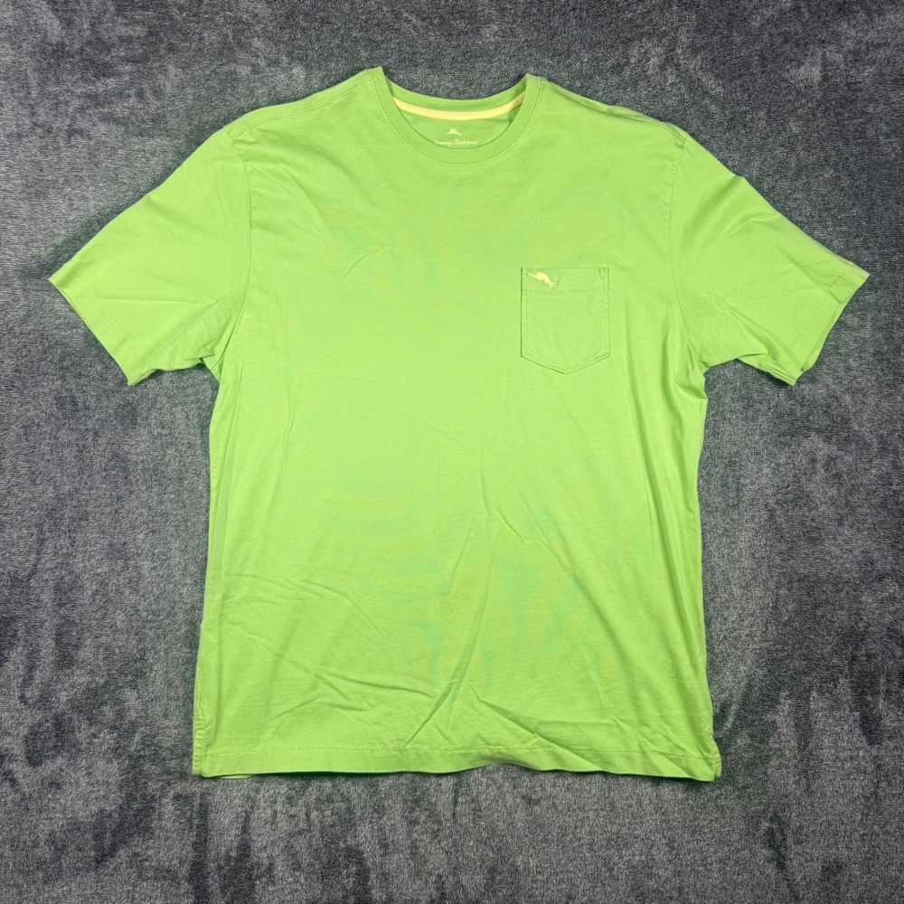 Tommy Bahama Relax Mens Large Lime Green Pima Cotton Pocket T-Shirt Marlin Logo